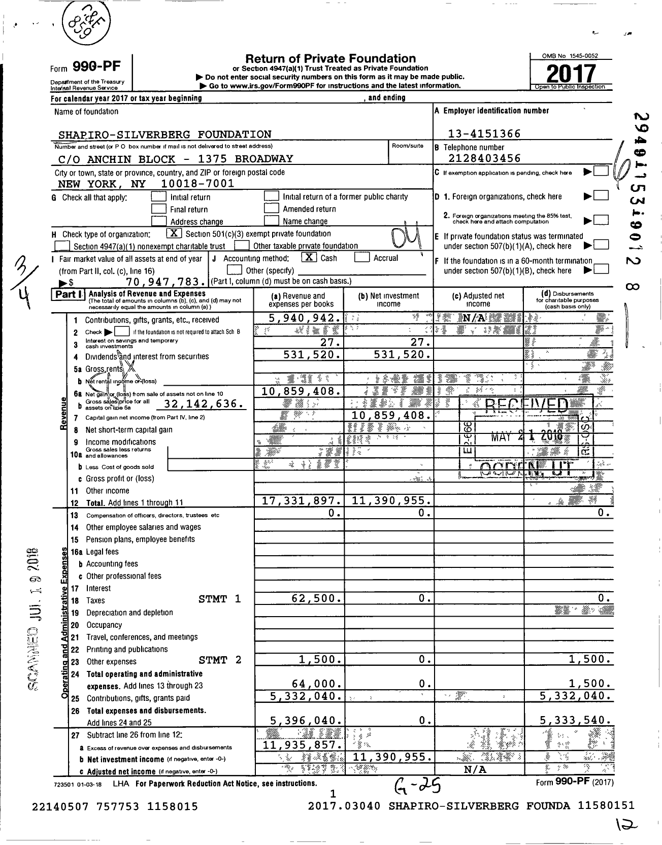 Image of first page of 2017 Form 990PF for Shapiro-Silverberg Foundation