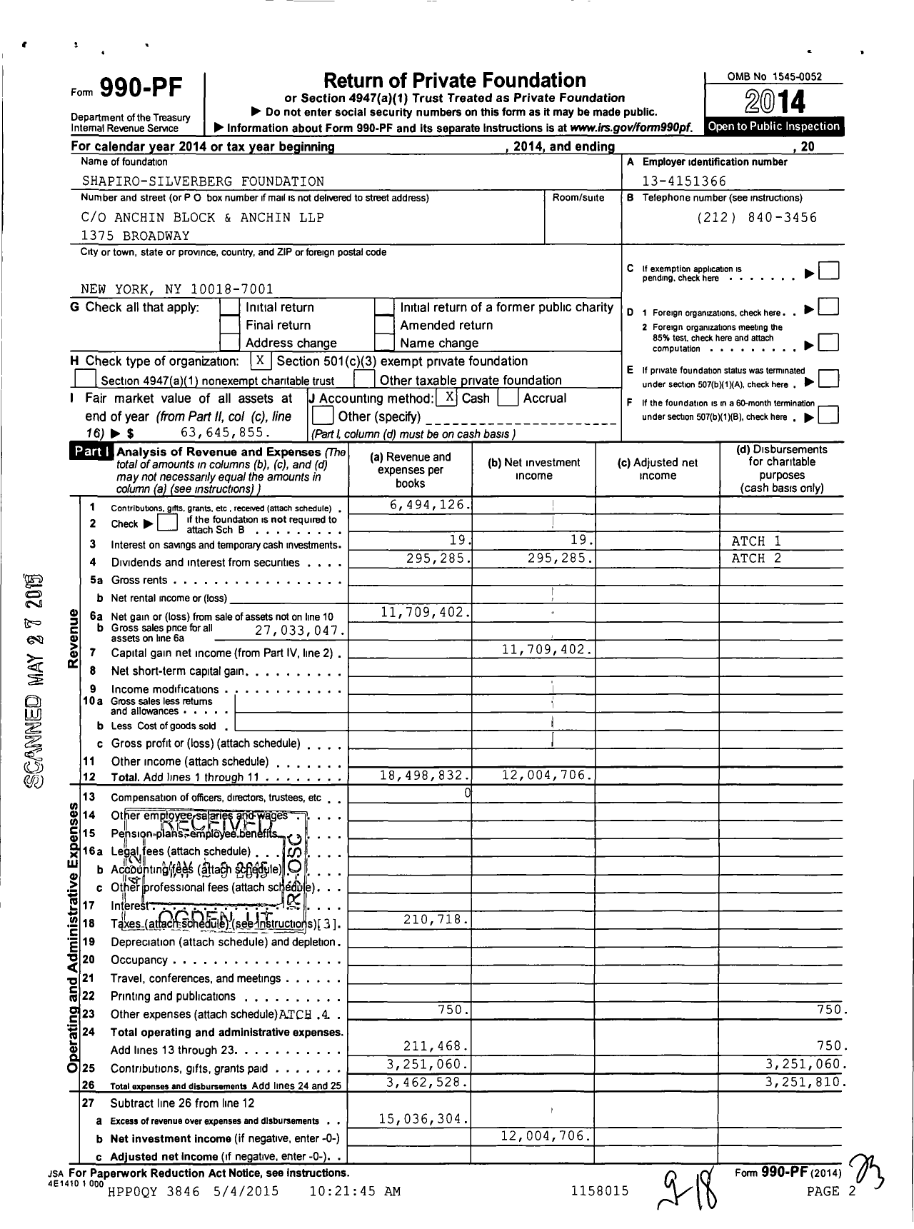 Image of first page of 2014 Form 990PF for Shapiro-Silverberg Foundation