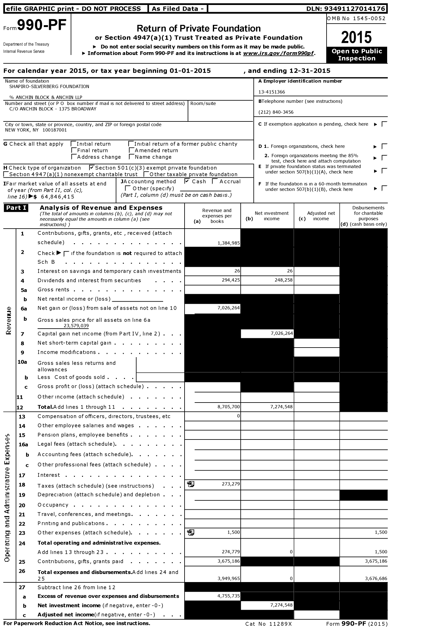 Image of first page of 2015 Form 990PF for Shapiro-Silverberg Foundation