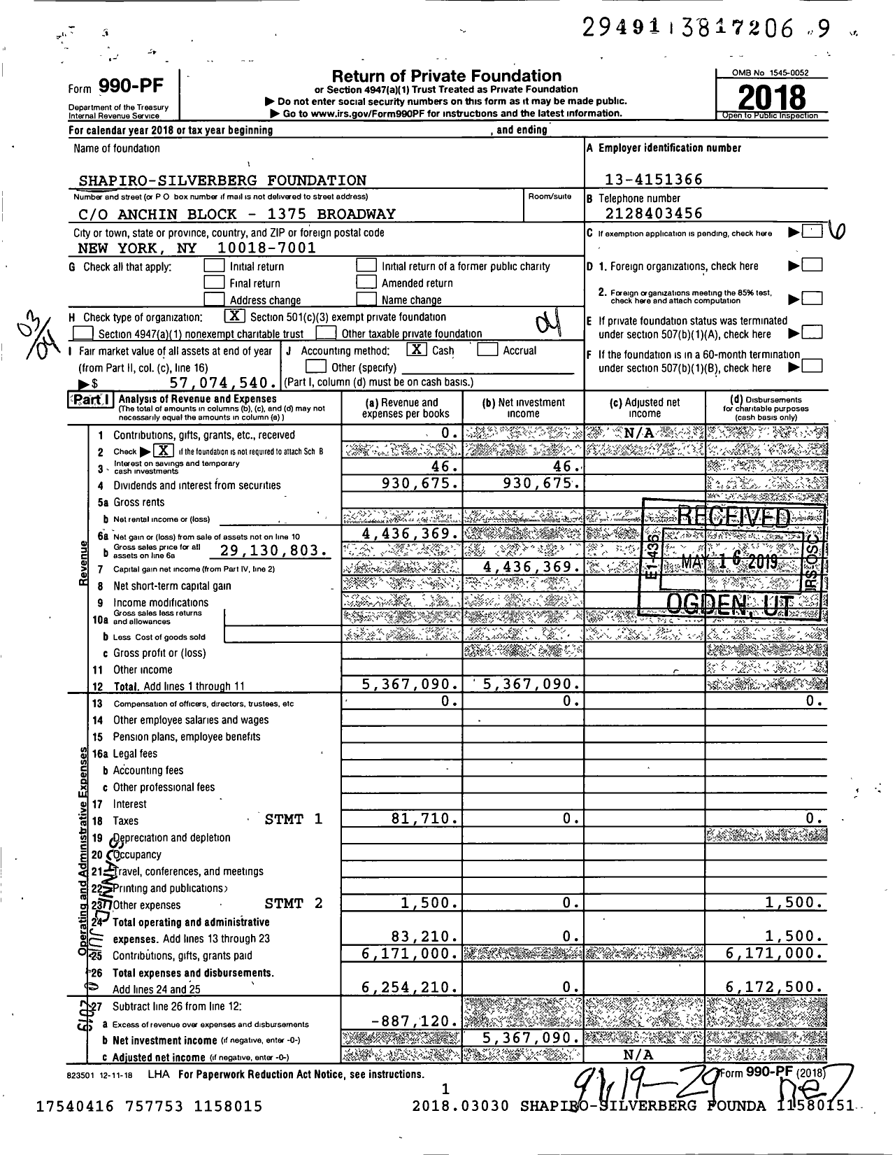 Image of first page of 2018 Form 990PF for Shapiro-Silverberg Foundation