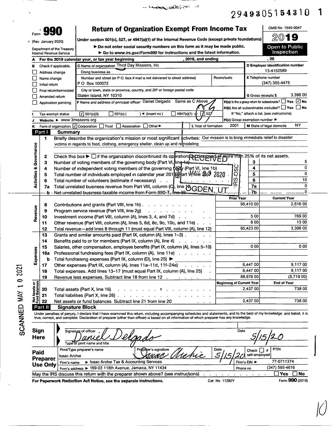 Image of first page of 2019 Form 990 for Third Day Missions