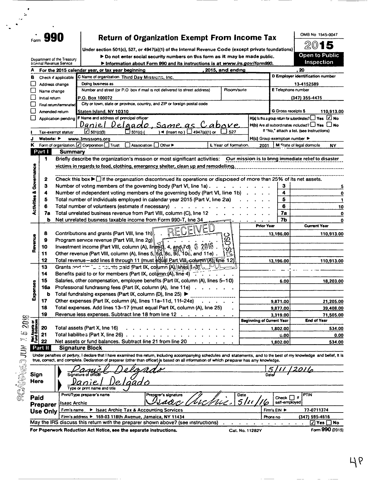 Image of first page of 2015 Form 990 for Third Day Missions