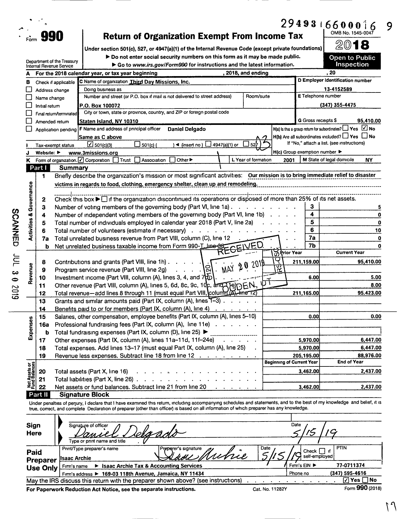 Image of first page of 2018 Form 990 for Third Day Missions
