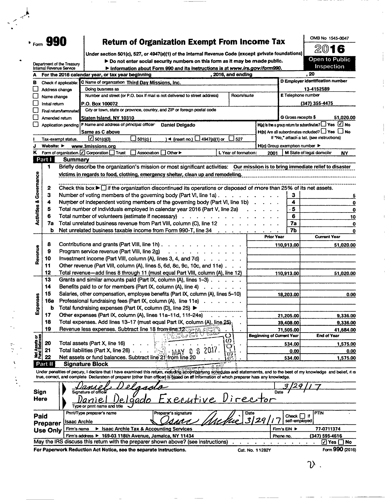 Image of first page of 2016 Form 990 for Third Day Missions