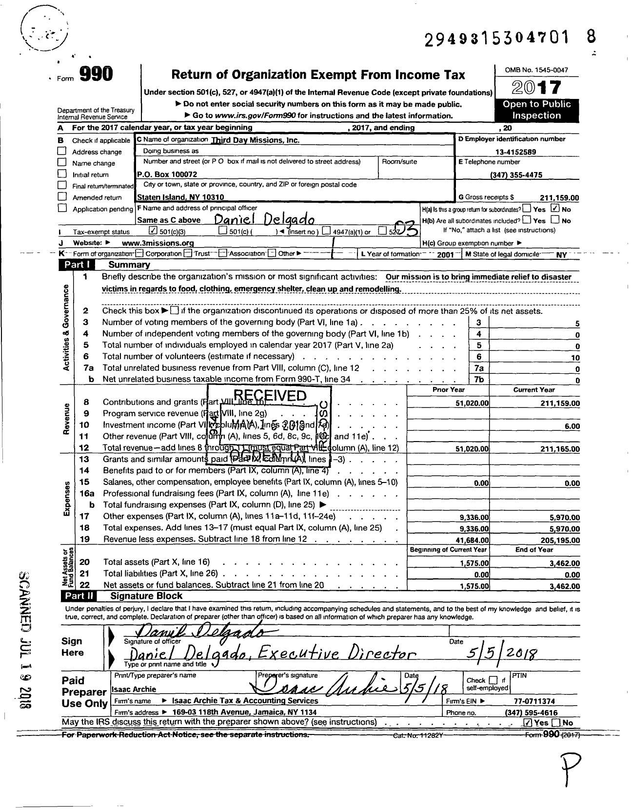 Image of first page of 2017 Form 990 for Third Day Missions
