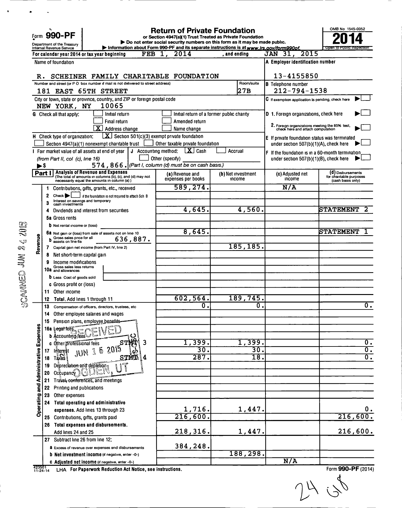 Image of first page of 2014 Form 990PF for R Scheiner Family Charitable Foundation