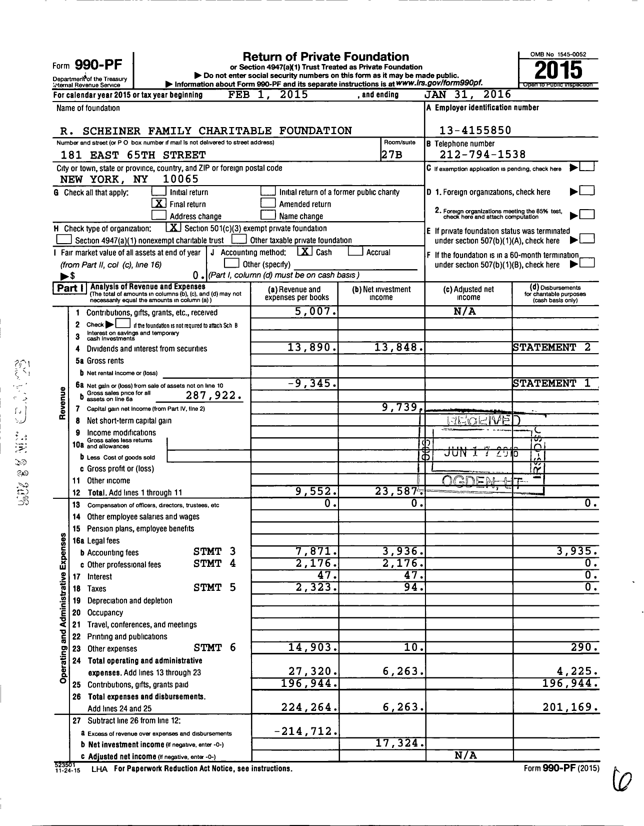 Image of first page of 2015 Form 990PF for R Scheiner Family Charitable Foundation