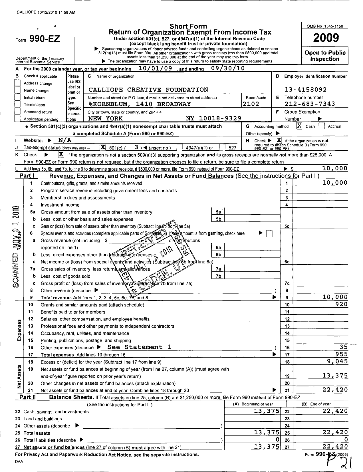 Image of first page of 2009 Form 990EZ for Calliope Creative Foundation