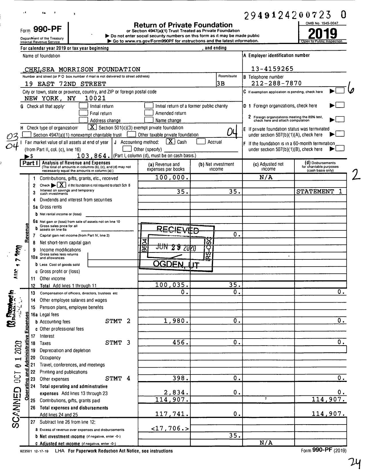 Image of first page of 2019 Form 990PR for Chelsea Morrison Foundation