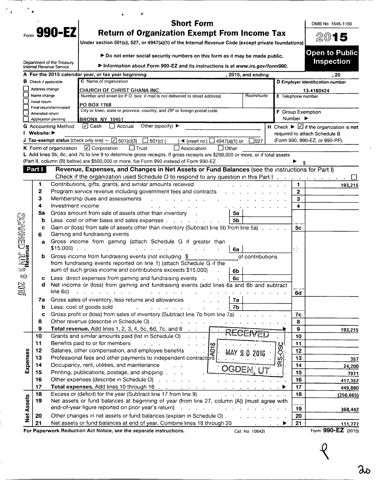 Image of first page of 2015 Form 990EZ for Church of Christ Ghana