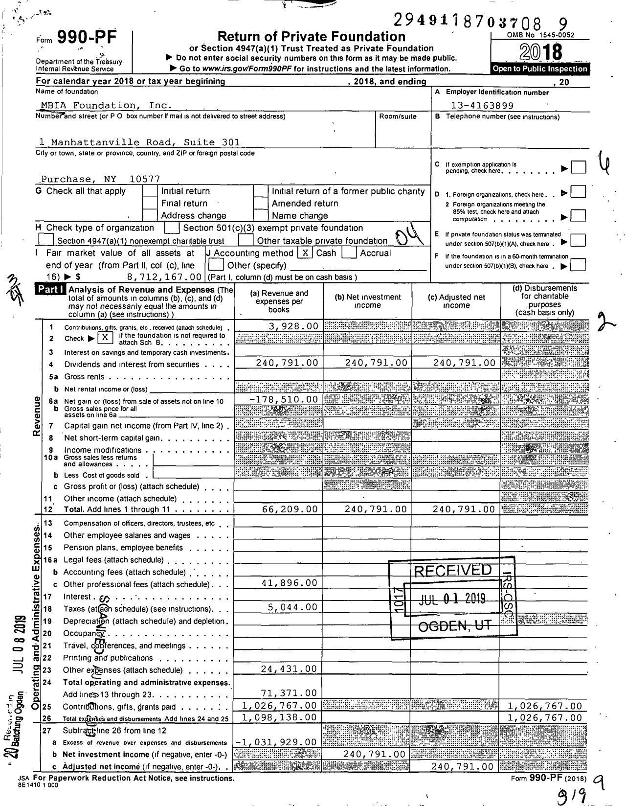 Image of first page of 2018 Form 990PF for Mbia Foundation