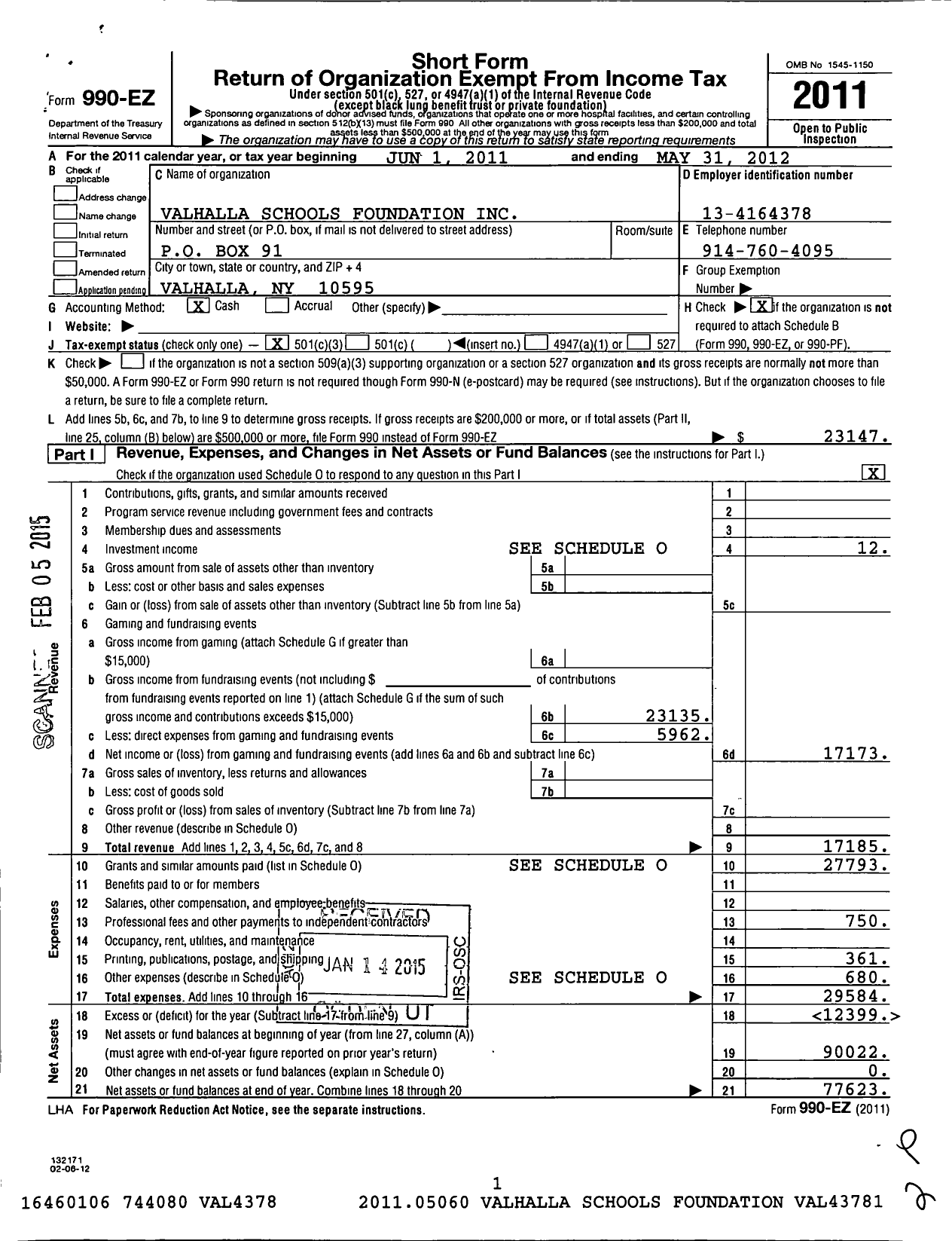 Image of first page of 2011 Form 990EZ for Valhalla Schools Foundation