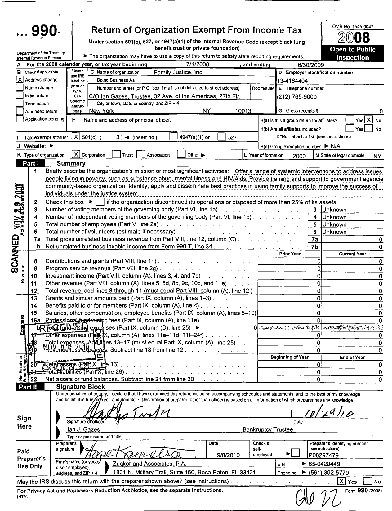 Image of first page of 2008 Form 990 for Family Justice