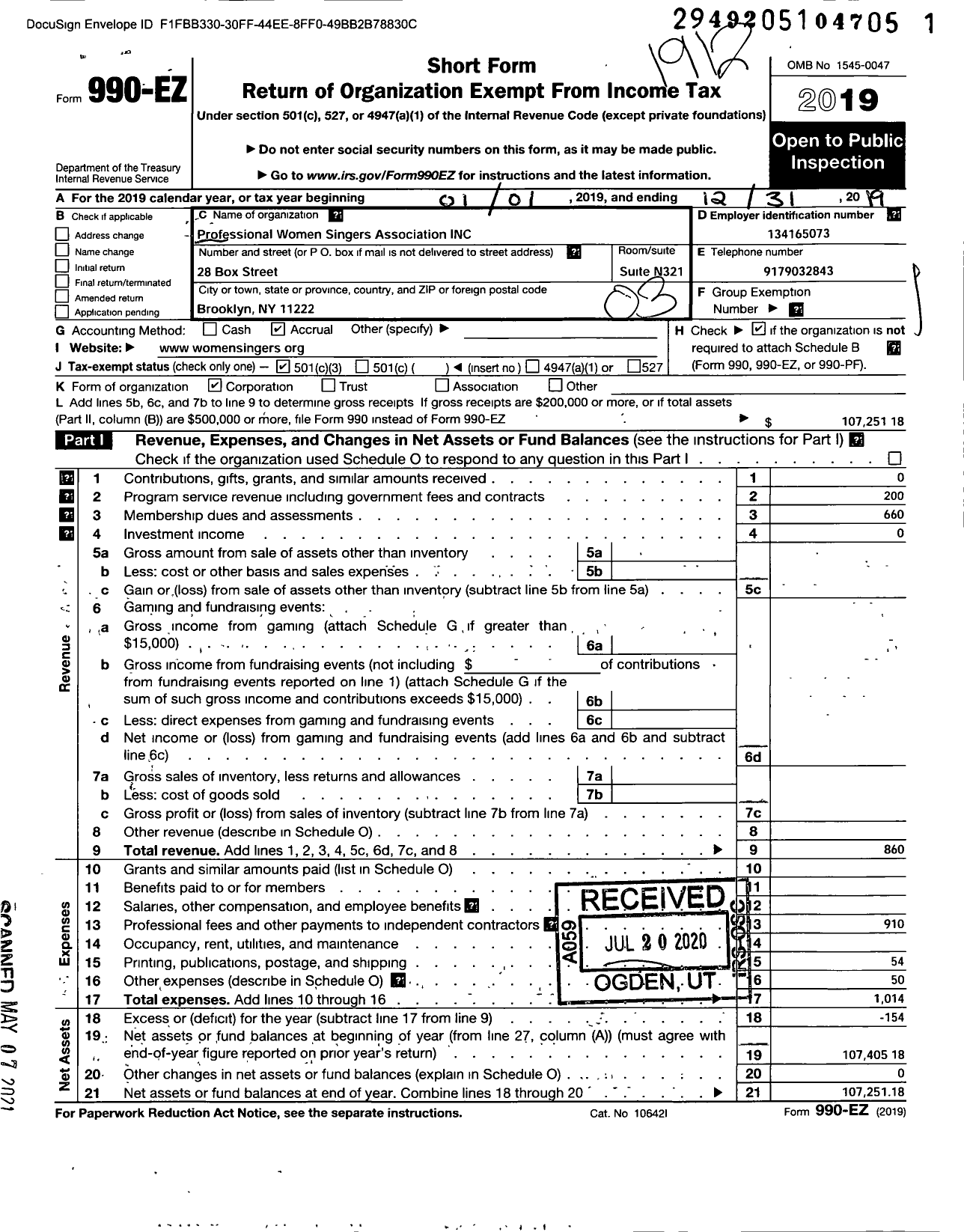 Image of first page of 2019 Form 990EZ for Professional Women Singers Association