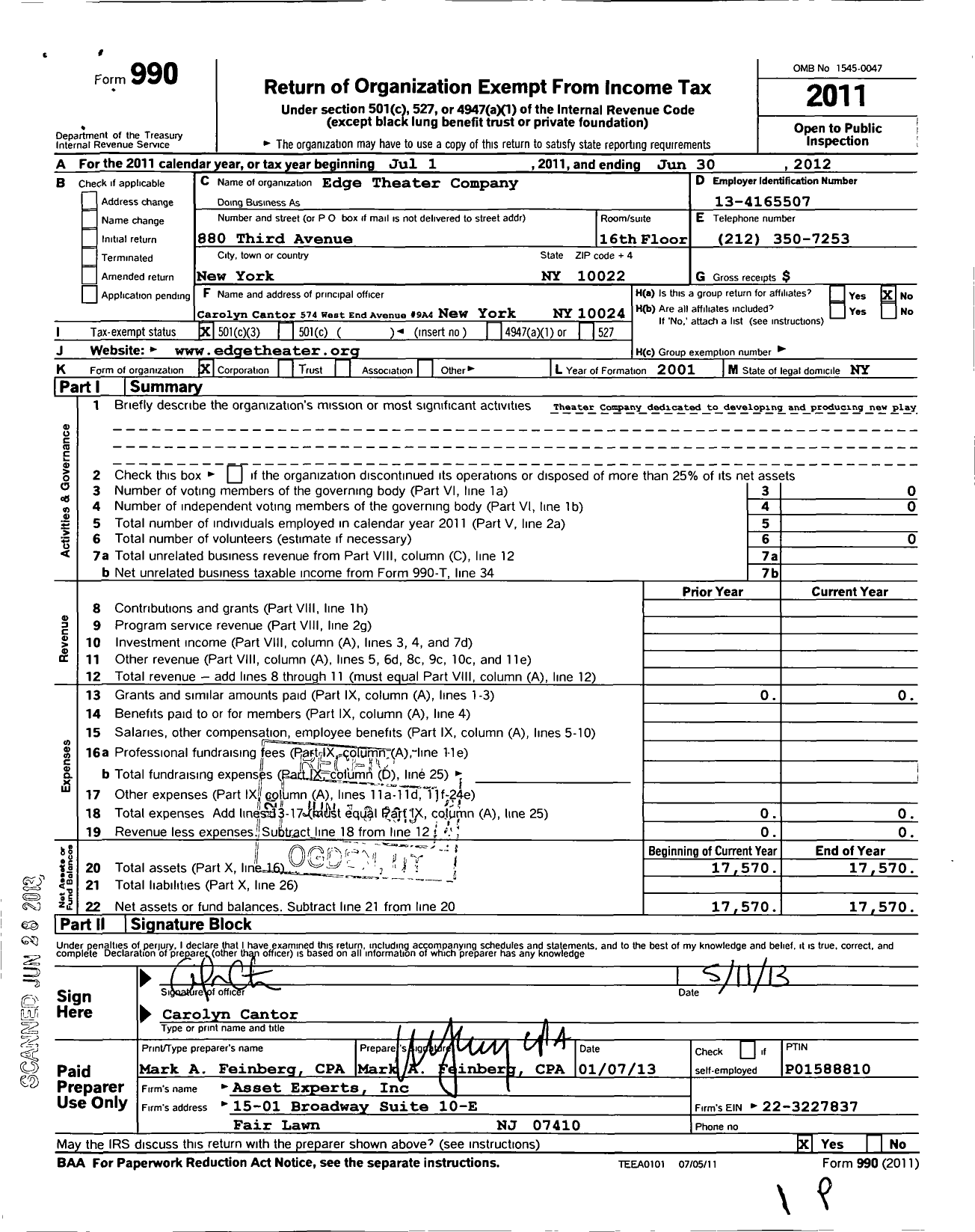 Image of first page of 2011 Form 990 for Edge Theater Company