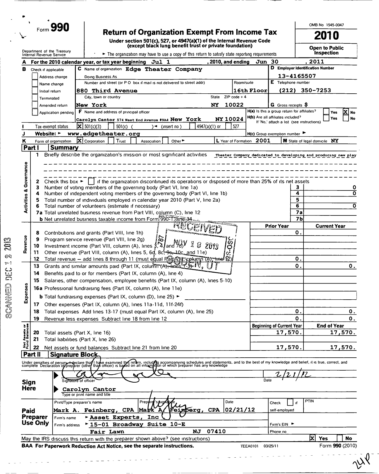 Image of first page of 2010 Form 990 for Edge Theater Company