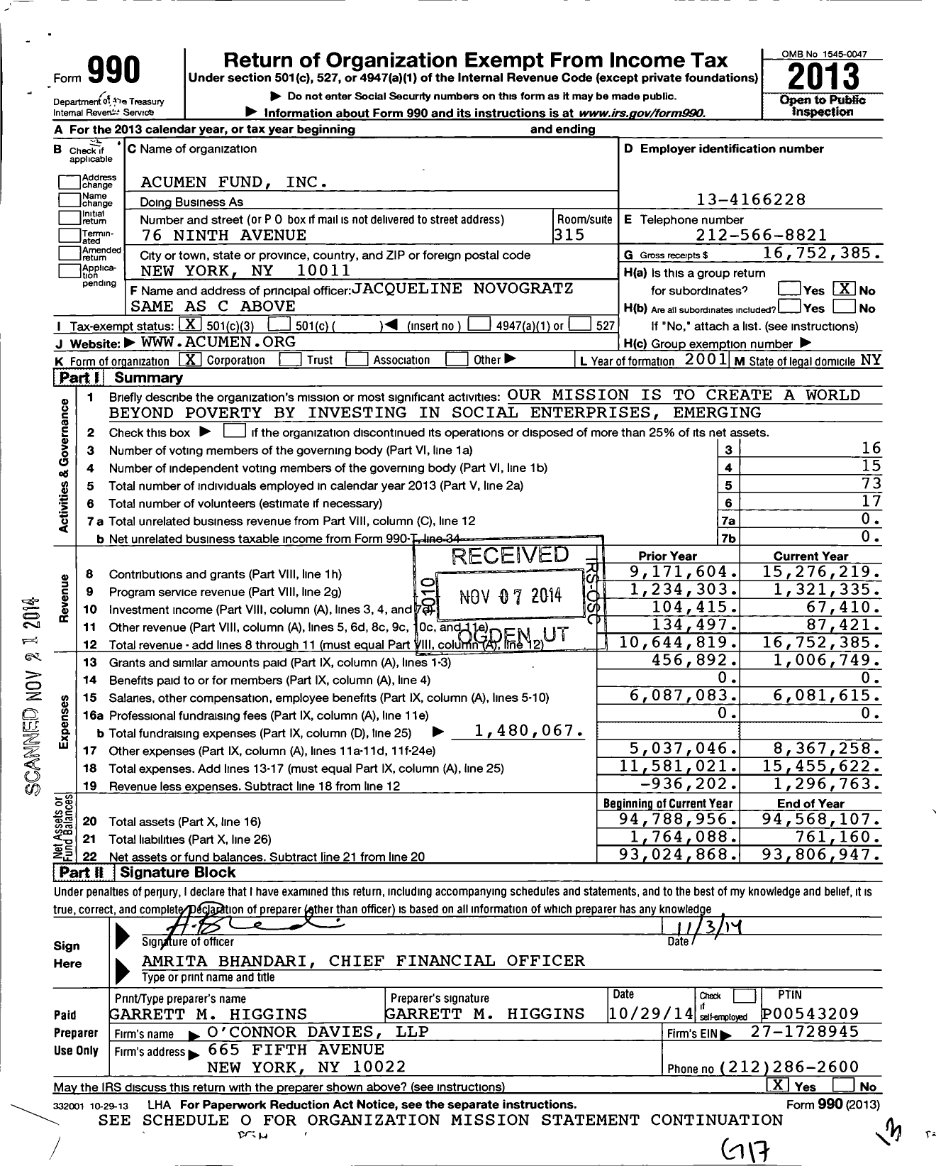 Image of first page of 2013 Form 990 for Acumen Fund
