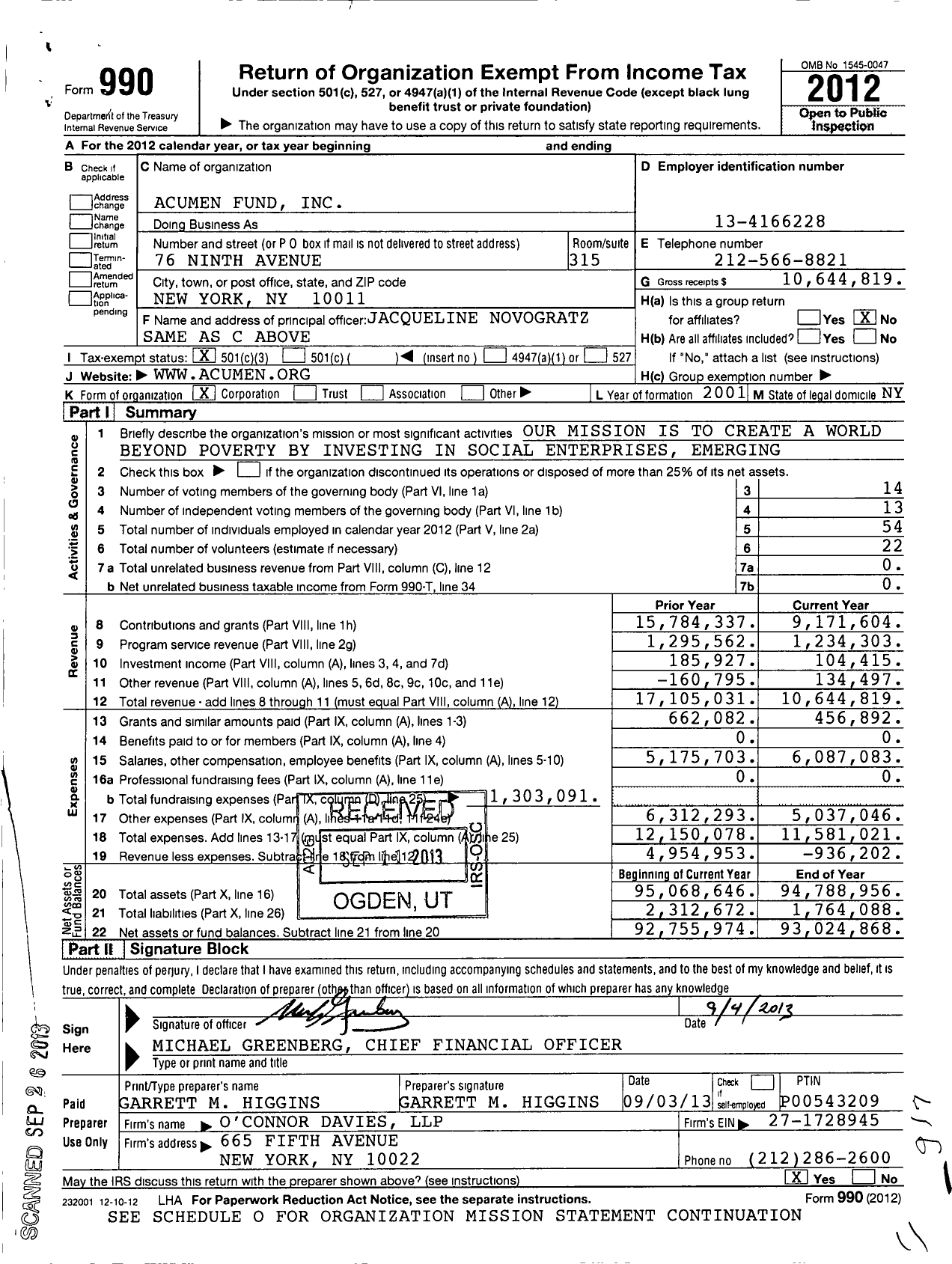 Image of first page of 2012 Form 990 for Acumen Fund