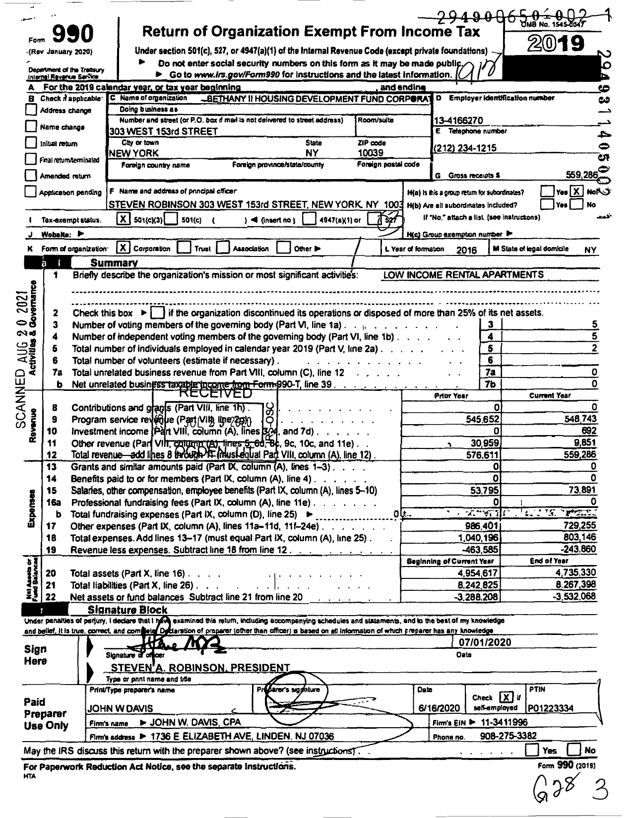 Image of first page of 2019 Form 990 for Bethany II Housing Development Fund Corporation