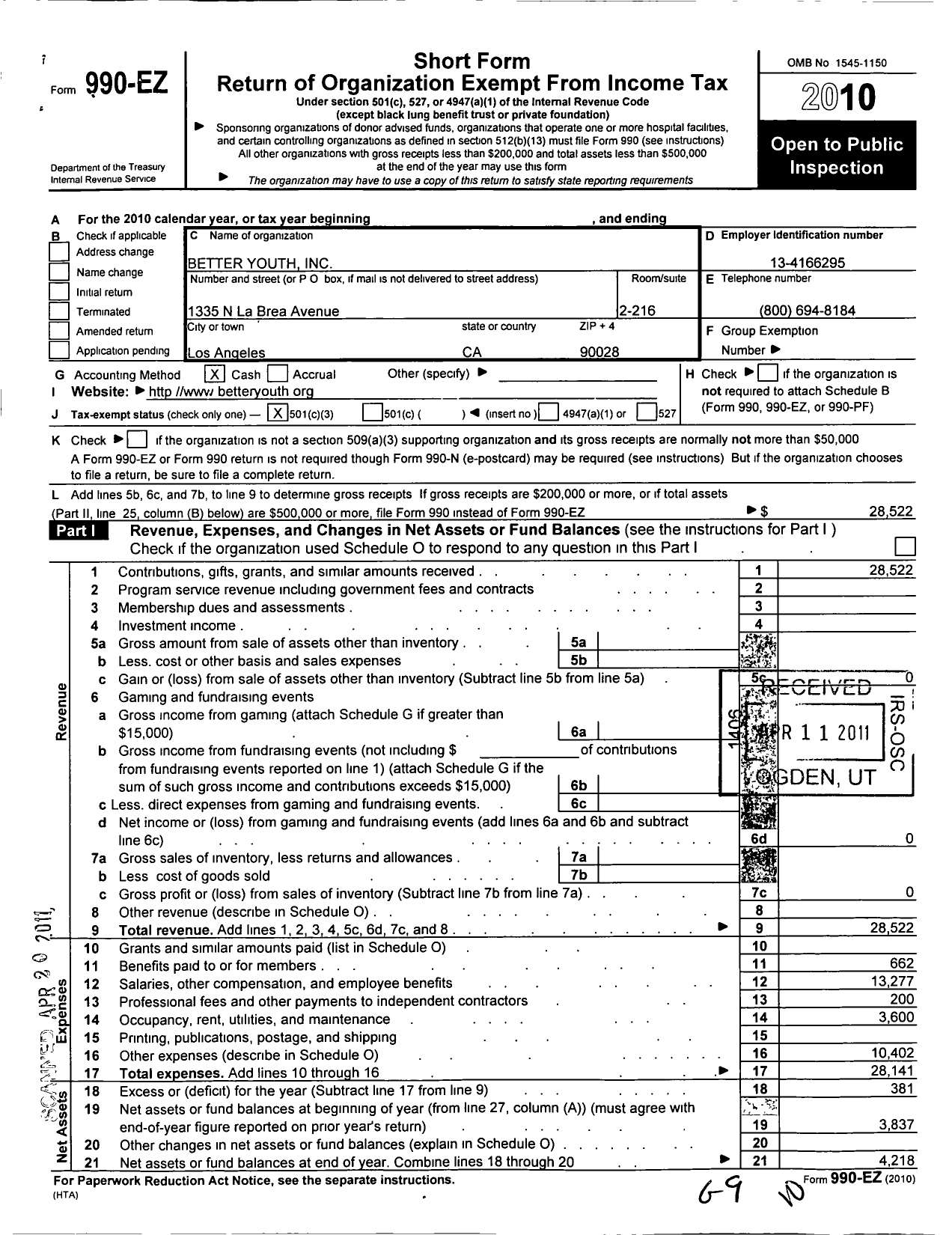Image of first page of 2010 Form 990EZ for Better Youth