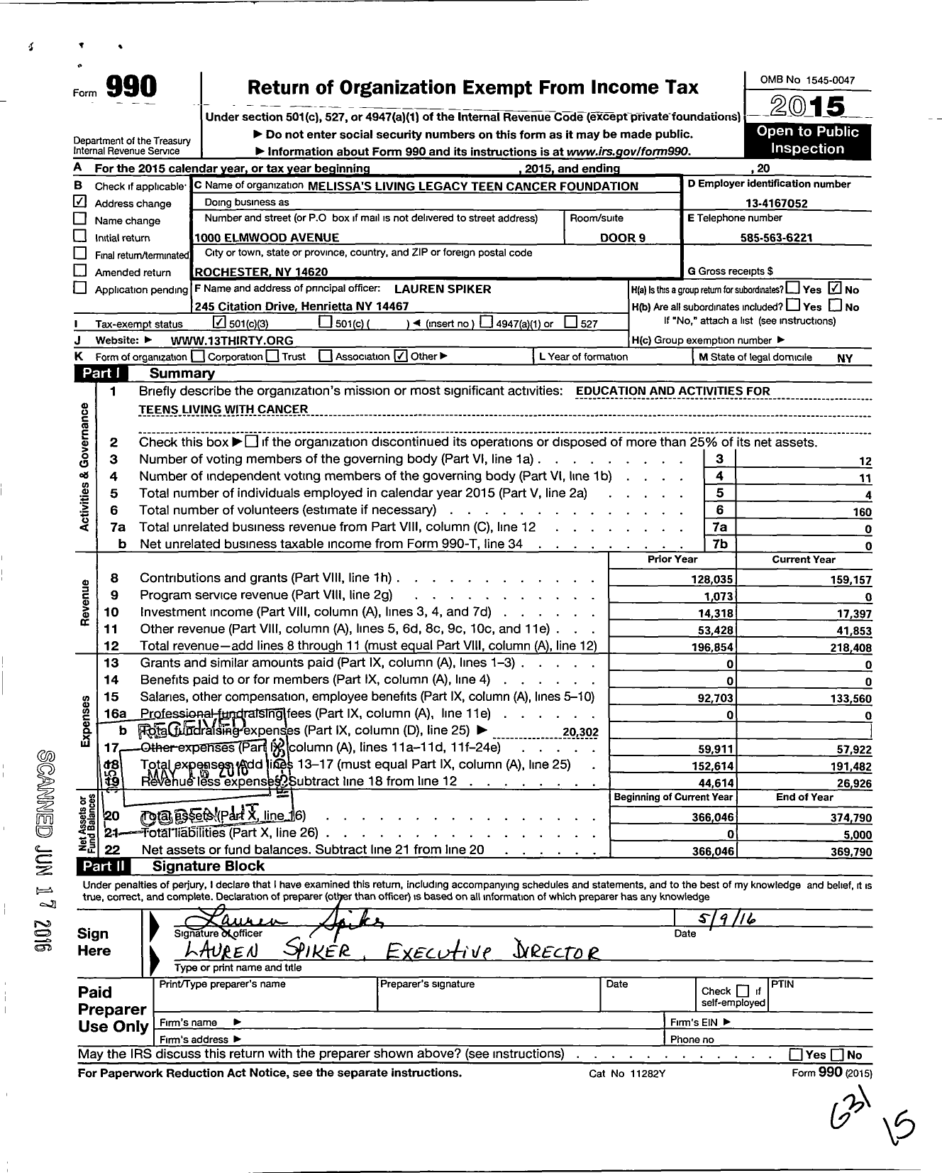 Image of first page of 2015 Form 990 for Melissa's Living Legacy Teen Cancer Foundation