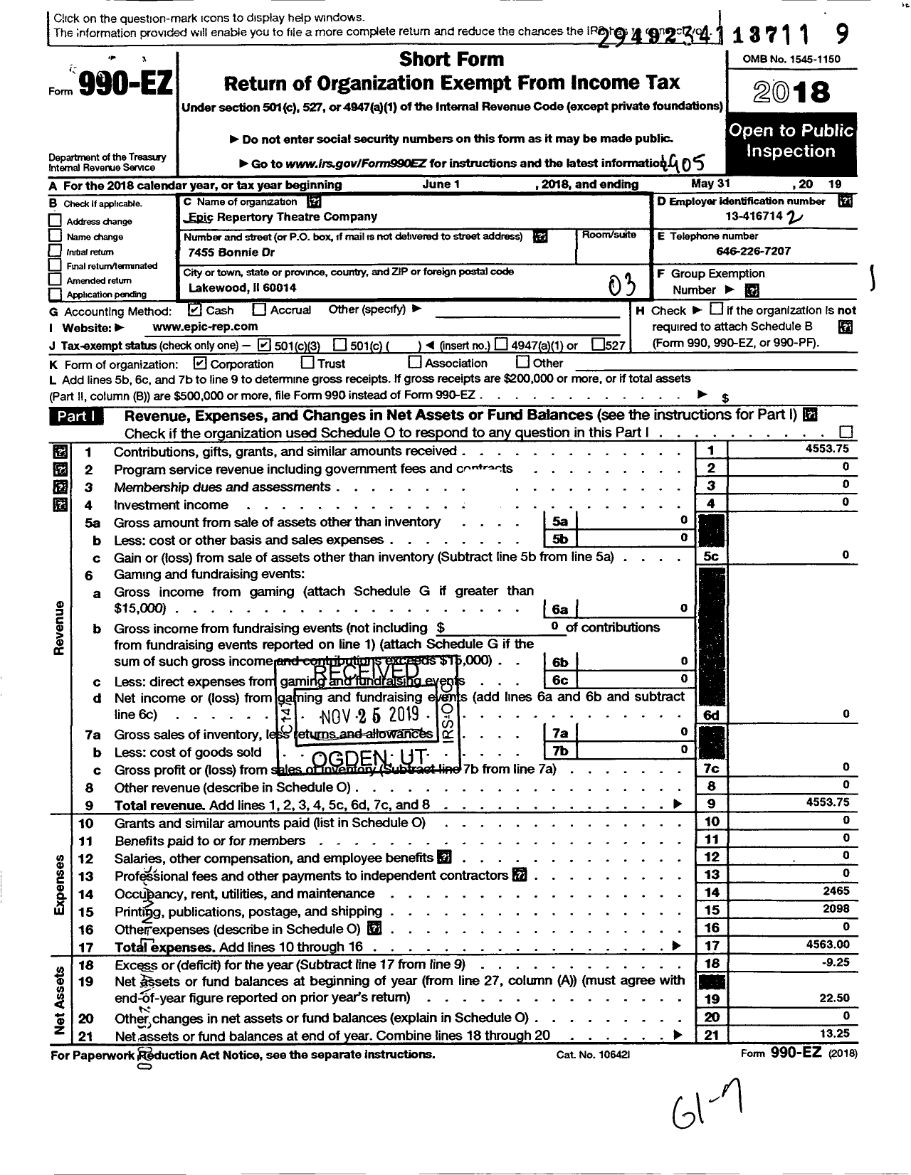 Image of first page of 2018 Form 990EZ for Epic Repertory Theatre Company