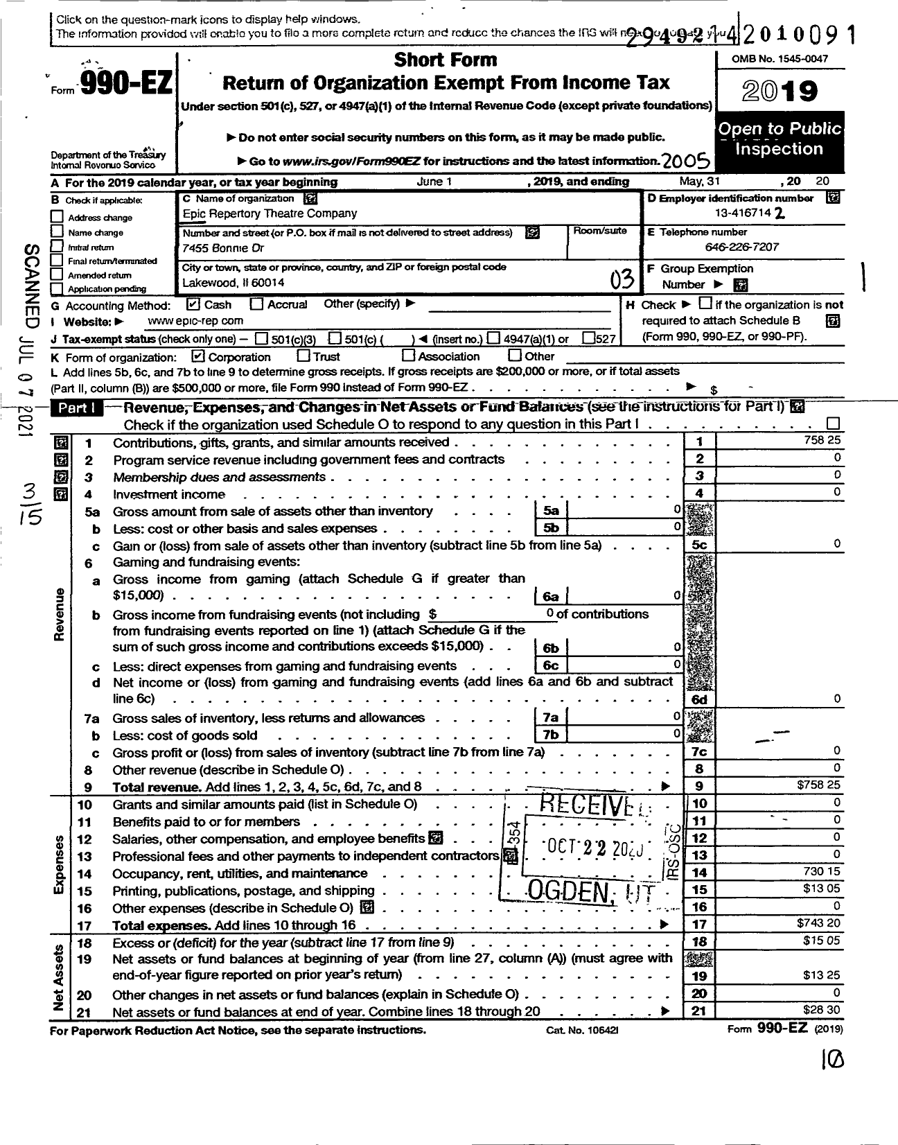 Image of first page of 2019 Form 990EZ for Epic Repertory Theatre Company