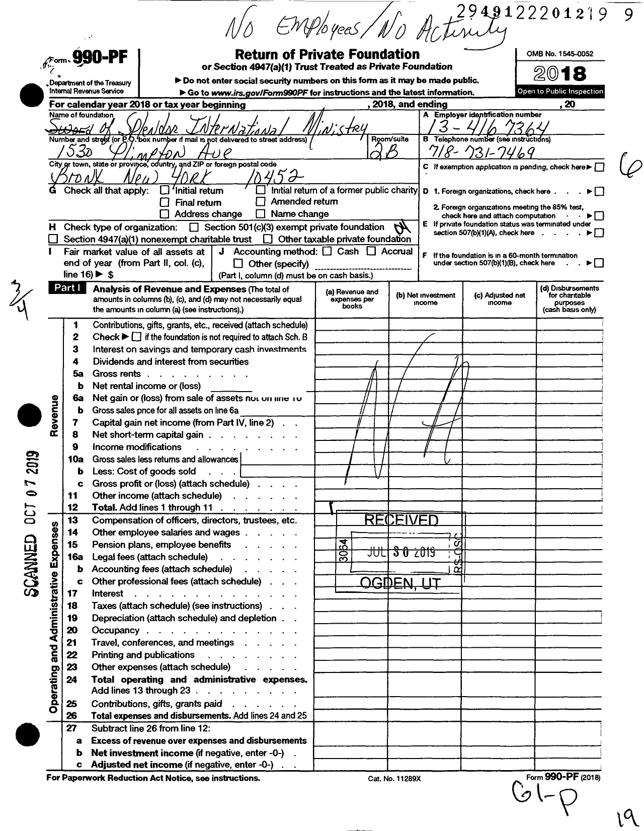 Image of first page of 2018 Form 990PF for Sword of Speldor International