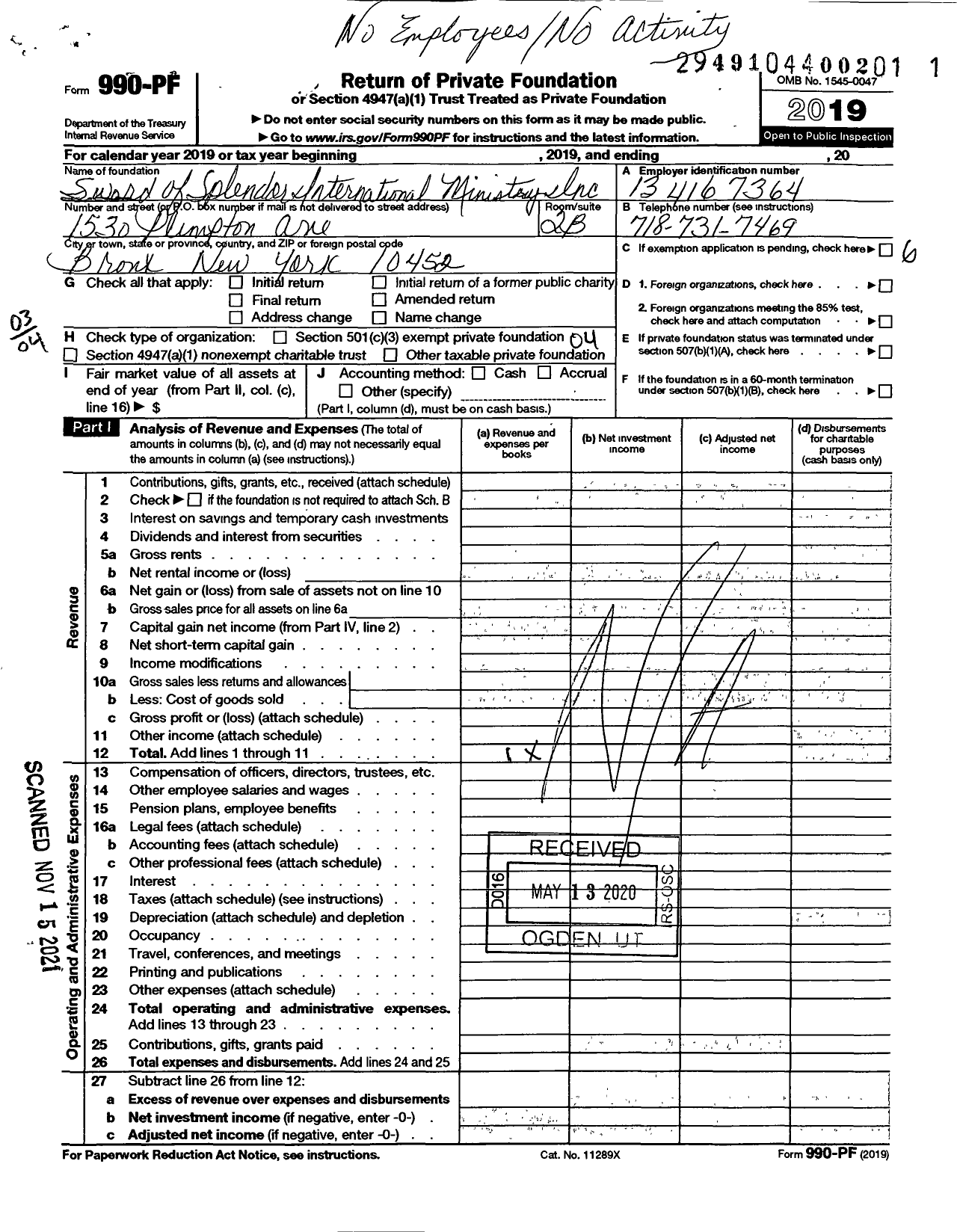 Image of first page of 2019 Form 990PF for Sword of Speldor International