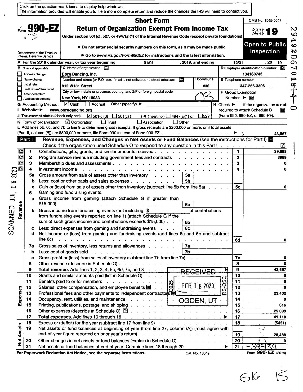 Image of first page of 2019 Form 990EZ for Born Dancing