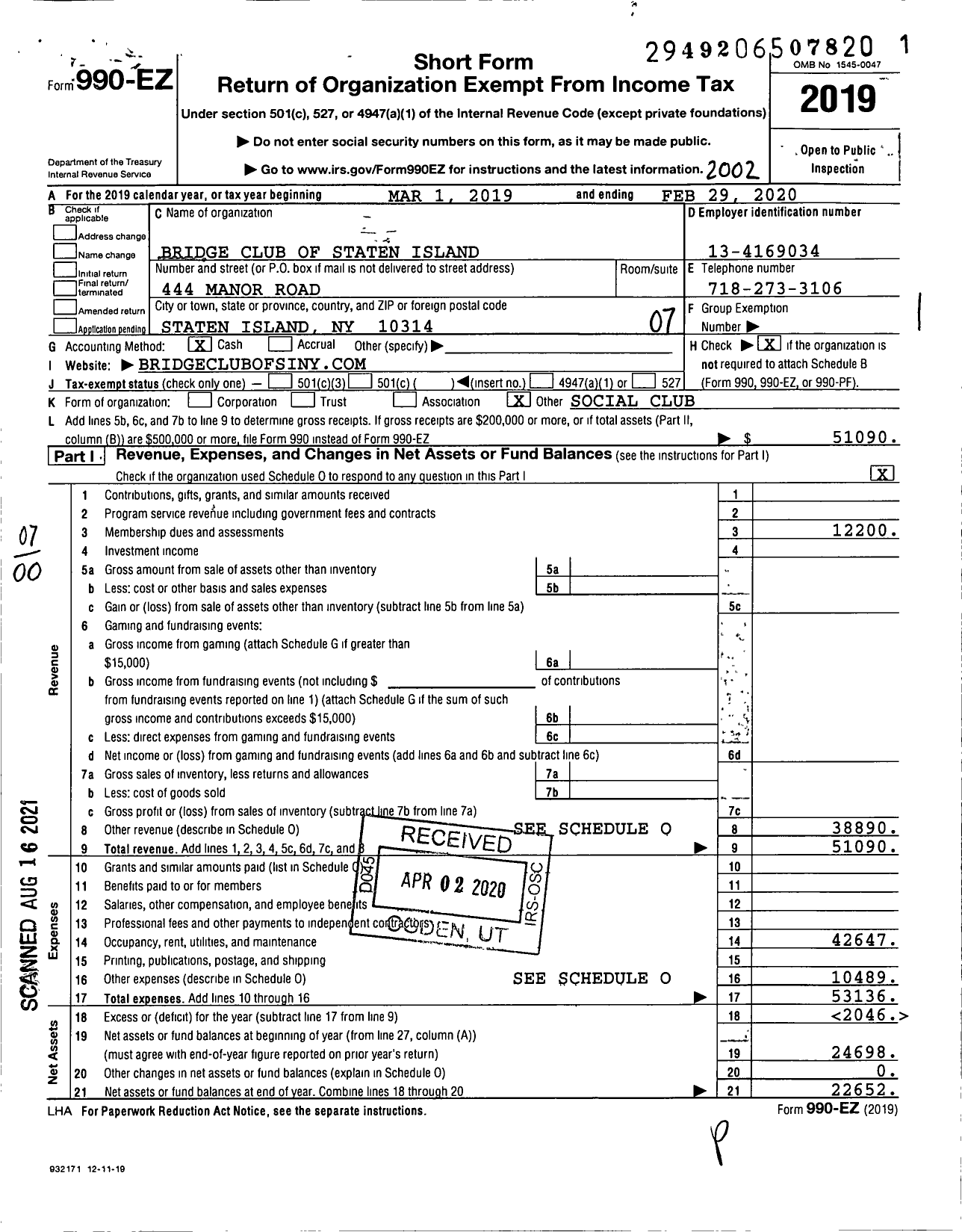 Image of first page of 2019 Form 990EO for Bridge Club of Staten Island