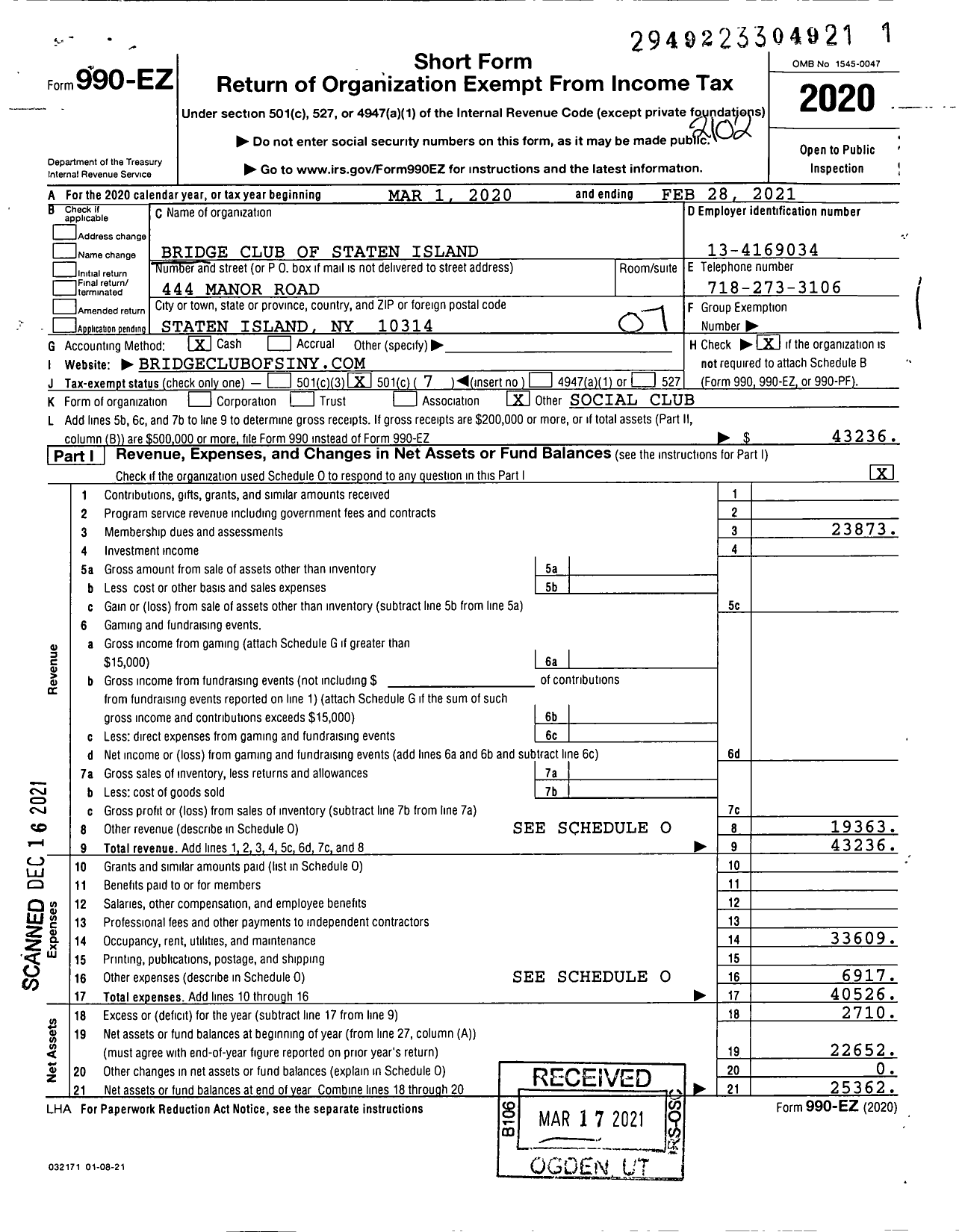 Image of first page of 2020 Form 990EO for Bridge Club of Staten Island