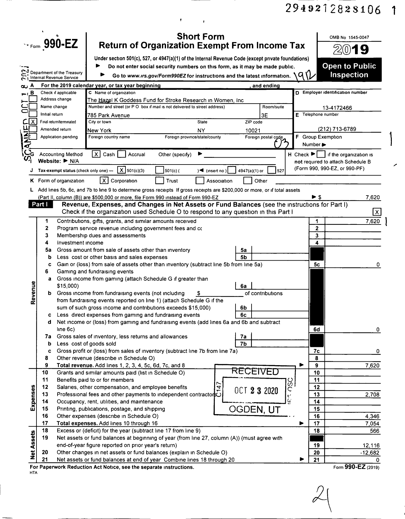 Image of first page of 2019 Form 990EZ for Hazel K Goddess Fund for Stroke Research in Women