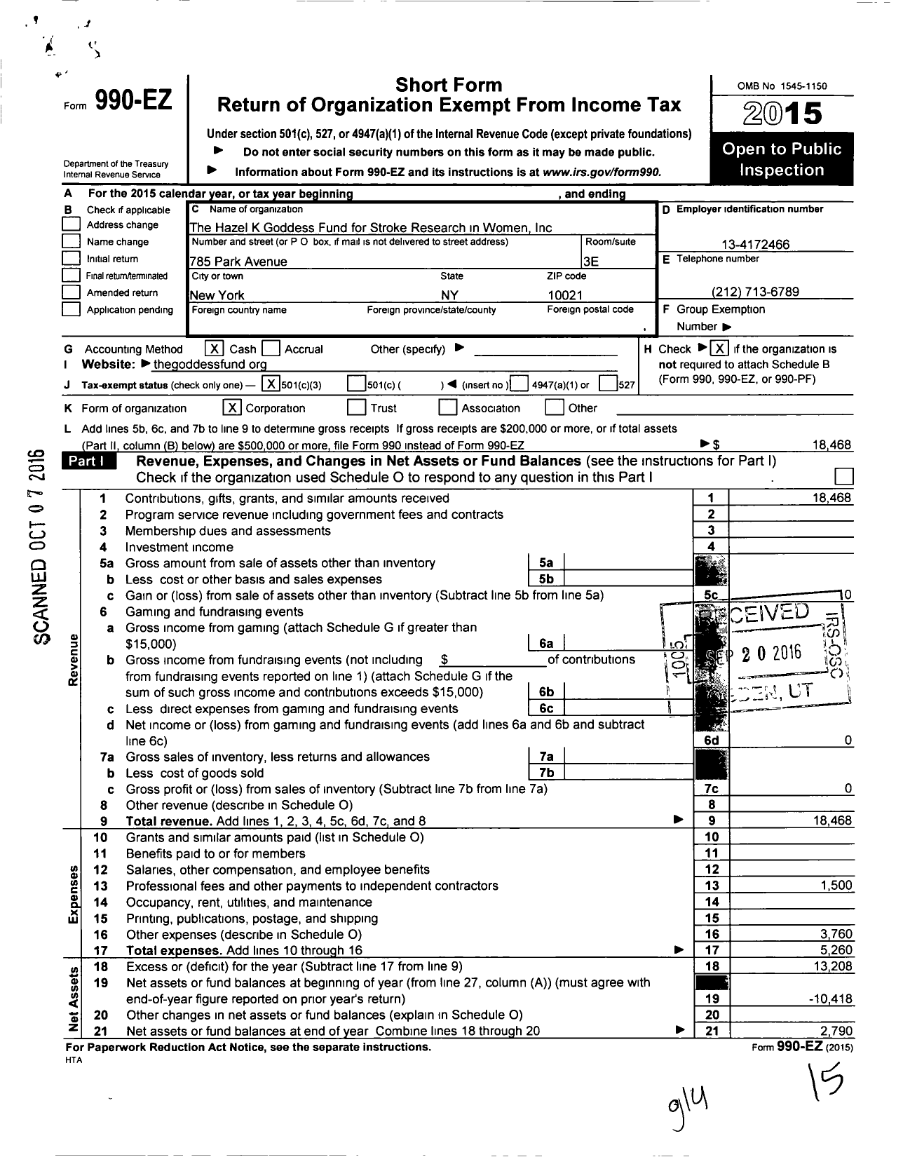 Image of first page of 2015 Form 990EZ for Hazel K Goddess Fund for Stroke Research in Women