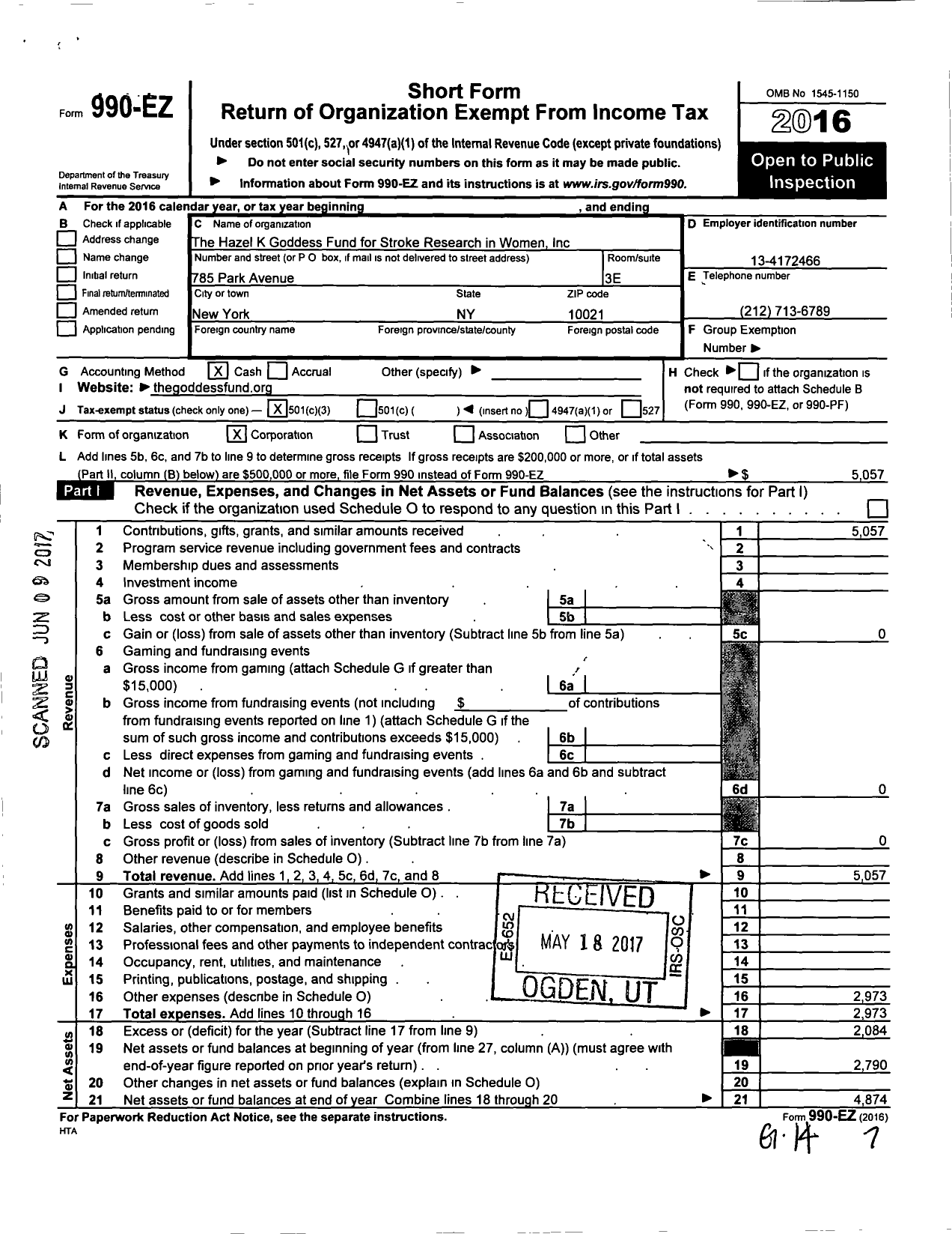 Image of first page of 2016 Form 990EZ for Hazel K Goddess Fund for Stroke Research in Women