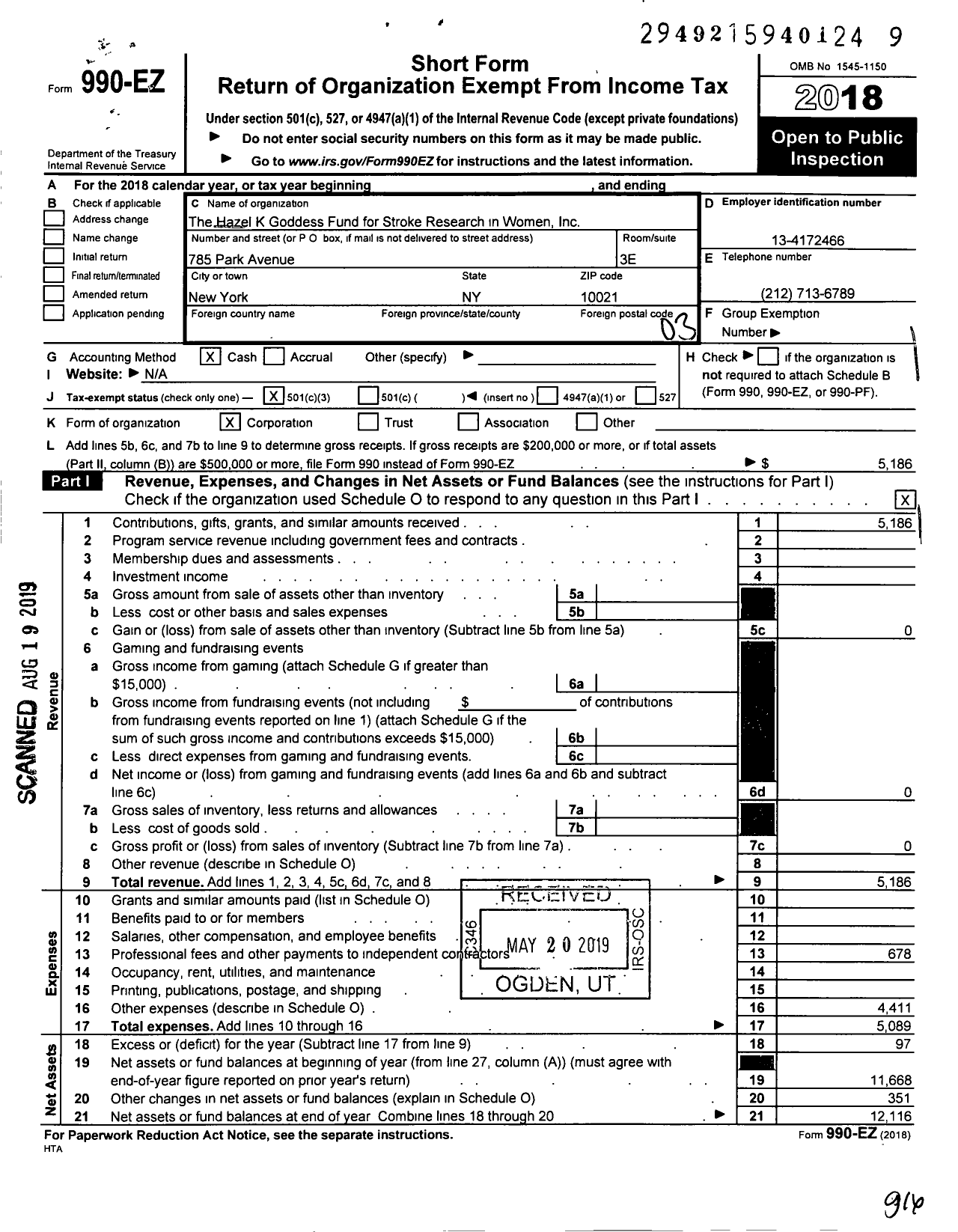 Image of first page of 2018 Form 990EZ for Hazel K Goddess Fund for Stroke Research in Women