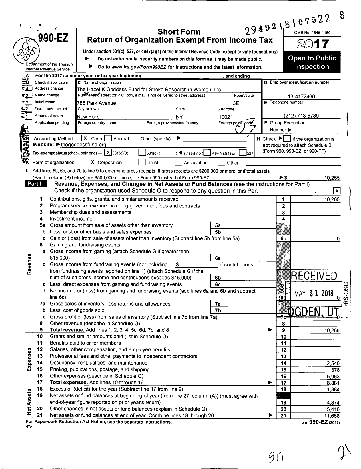 Image of first page of 2017 Form 990EZ for Hazel K Goddess Fund for Stroke Research in Women