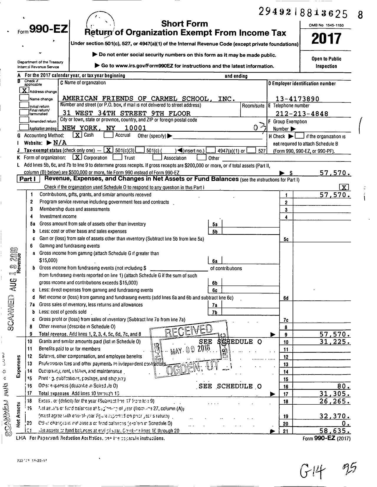 Image of first page of 2017 Form 990EZ for American Friends of Carmel School