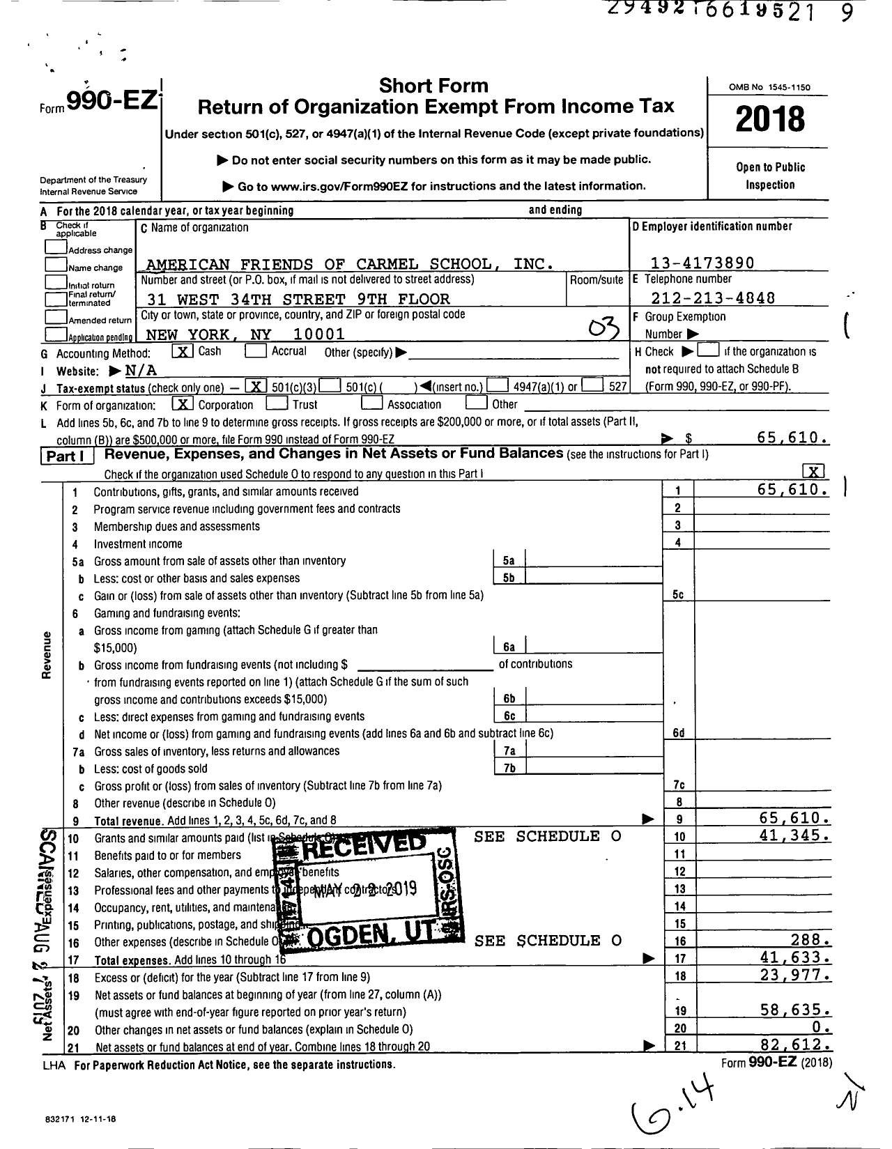 Image of first page of 2018 Form 990EZ for American Friends of Carmel School