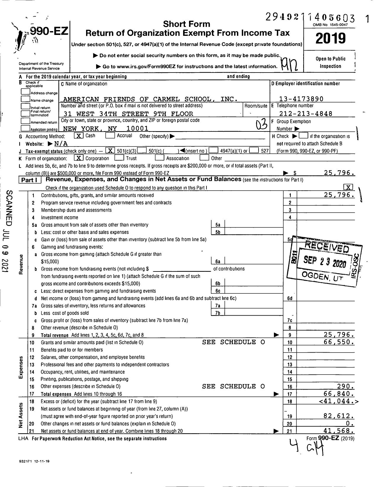 Image of first page of 2019 Form 990EZ for American Friends of Carmel School