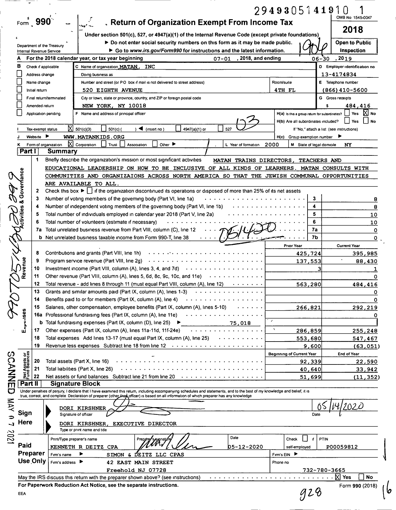 Image of first page of 2018 Form 990 for Matan