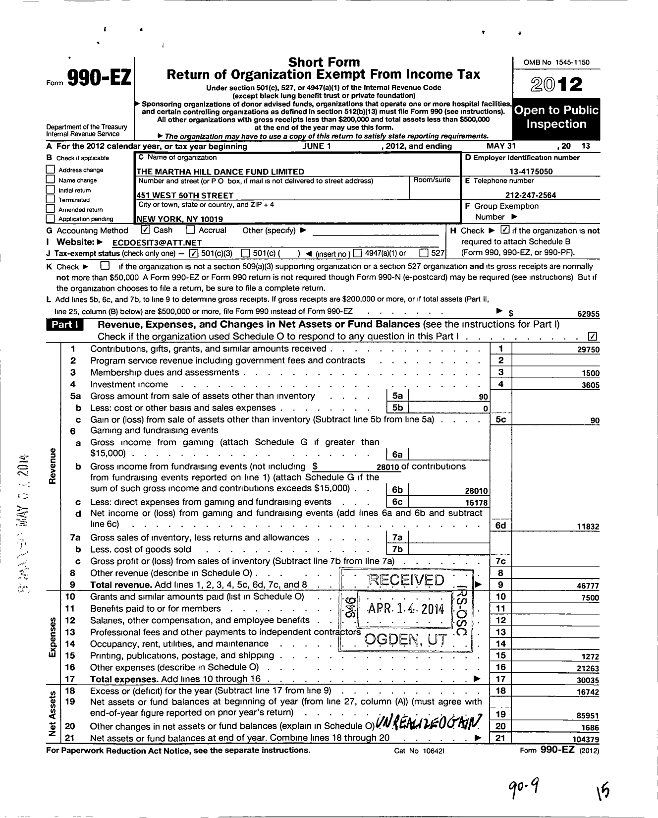 Image of first page of 2012 Form 990EZ for Martha Hill Dance Fund Limited