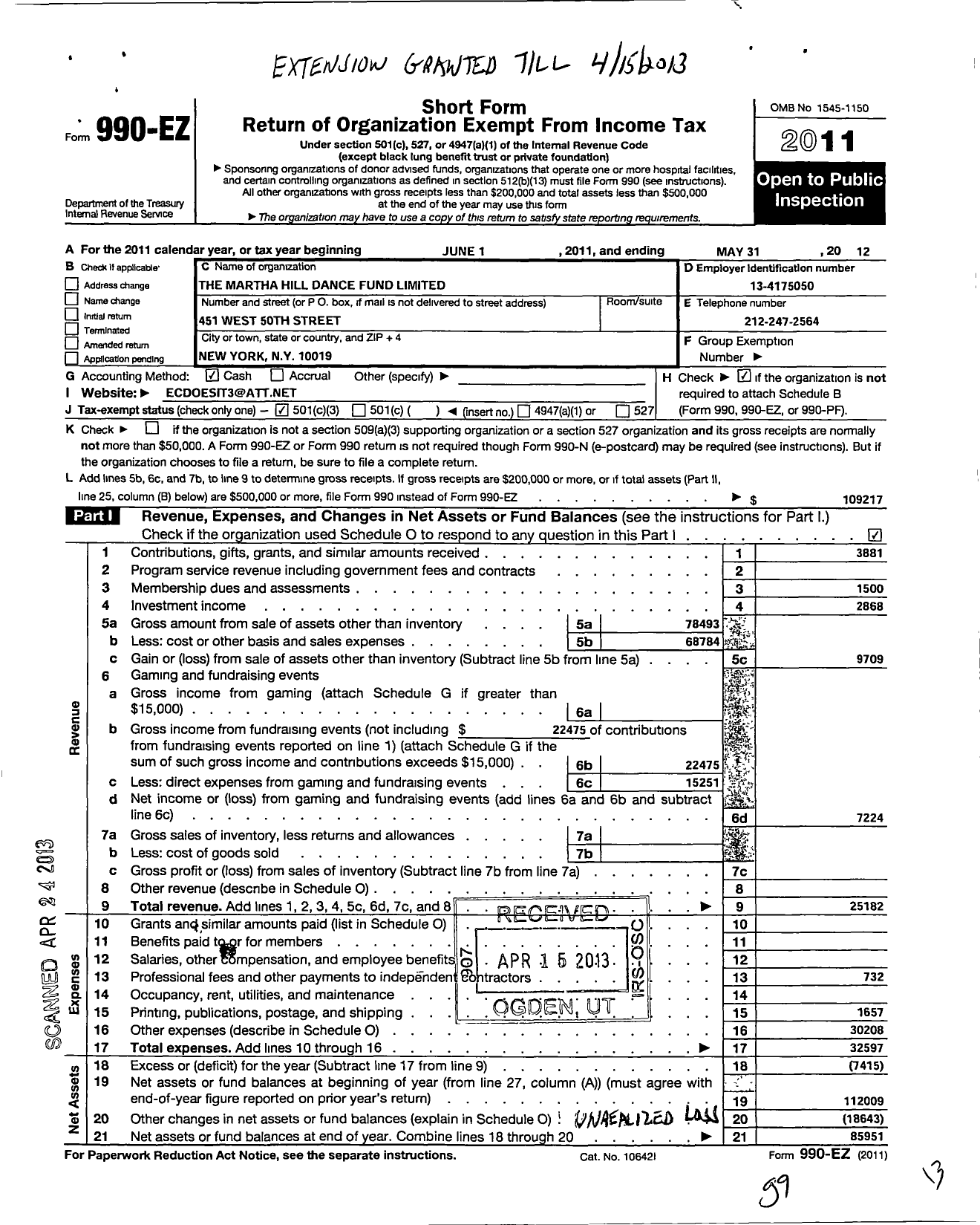 Image of first page of 2011 Form 990EZ for Martha Hill Dance Fund Limited