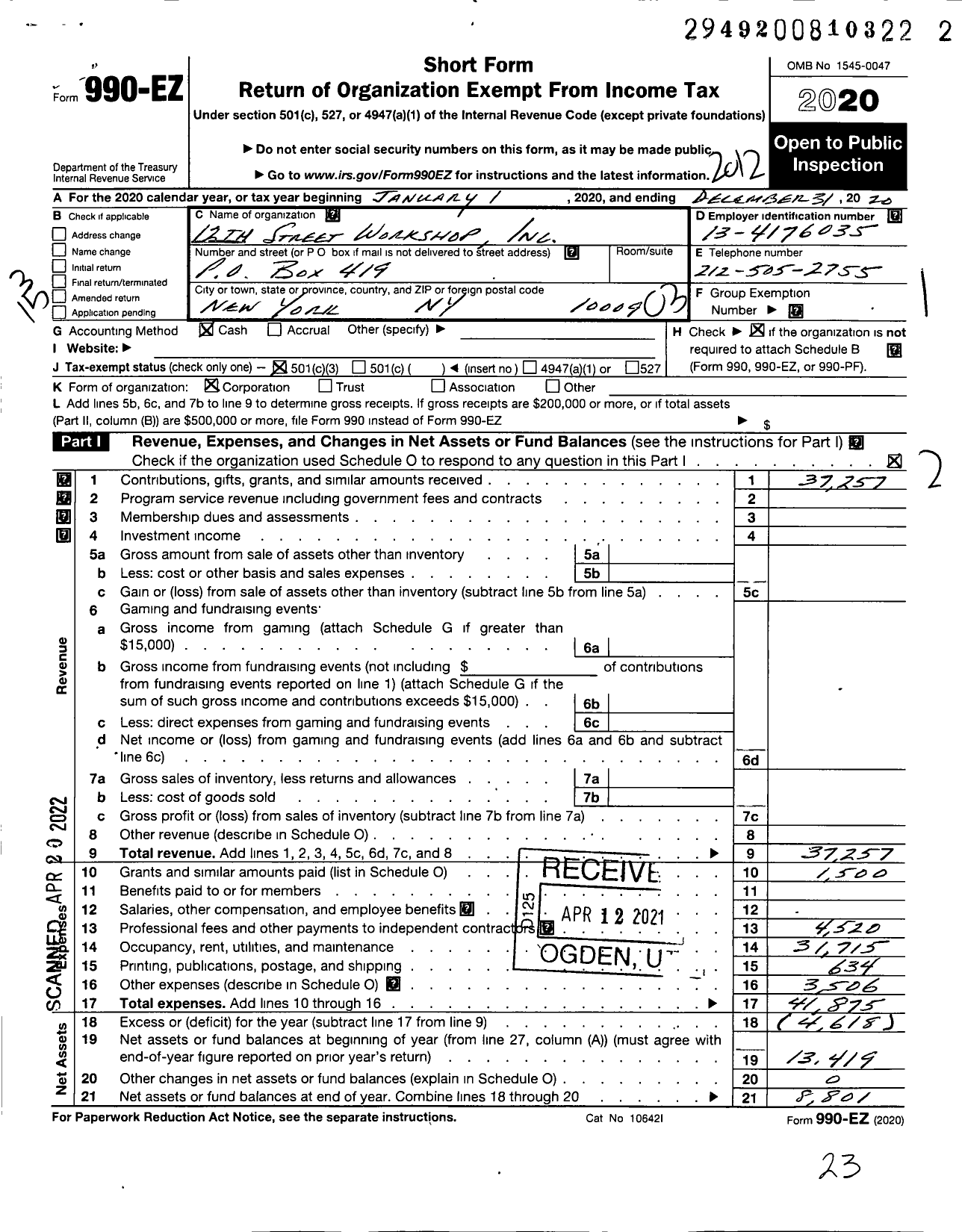 Image of first page of 2020 Form 990EZ for The 12th Street Workshop