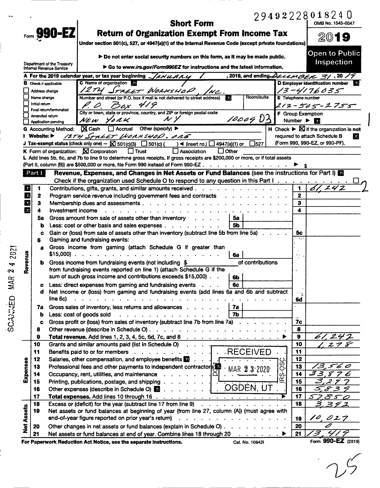 Image of first page of 2019 Form 990EZ for The 12th Street Workshop