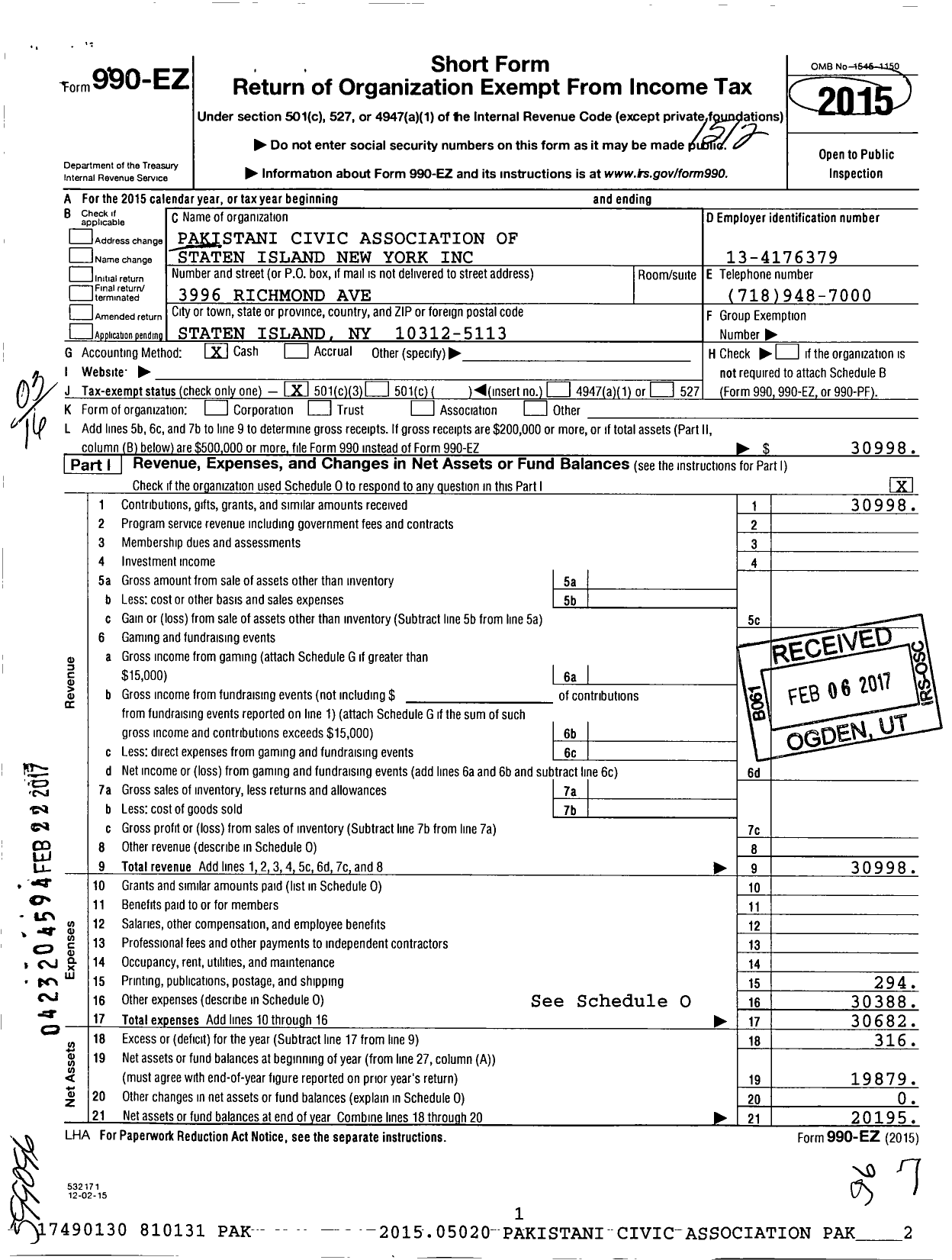 Image of first page of 2015 Form 990EZ for Pakistani Civic Association of Staten Island New York