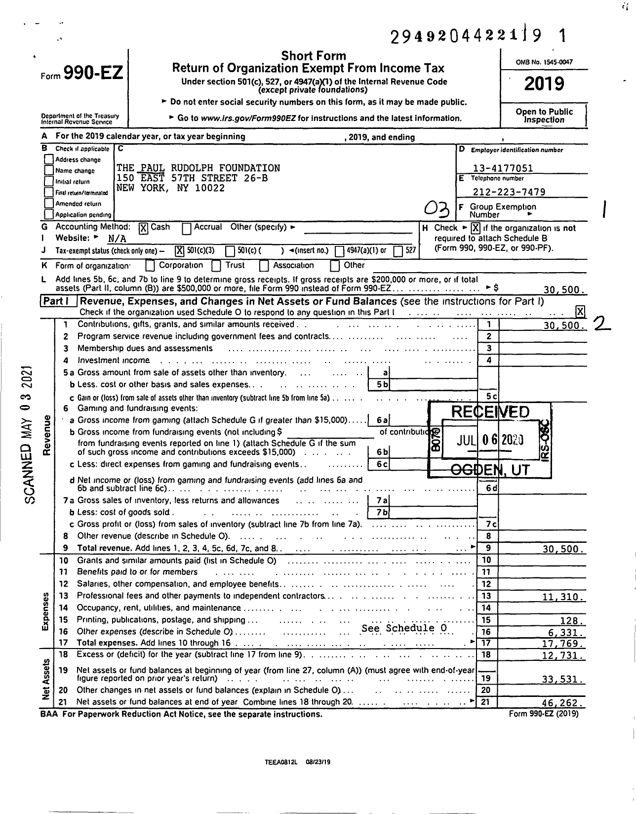 Image of first page of 2019 Form 990EZ for The Paul Rudolph Foundation