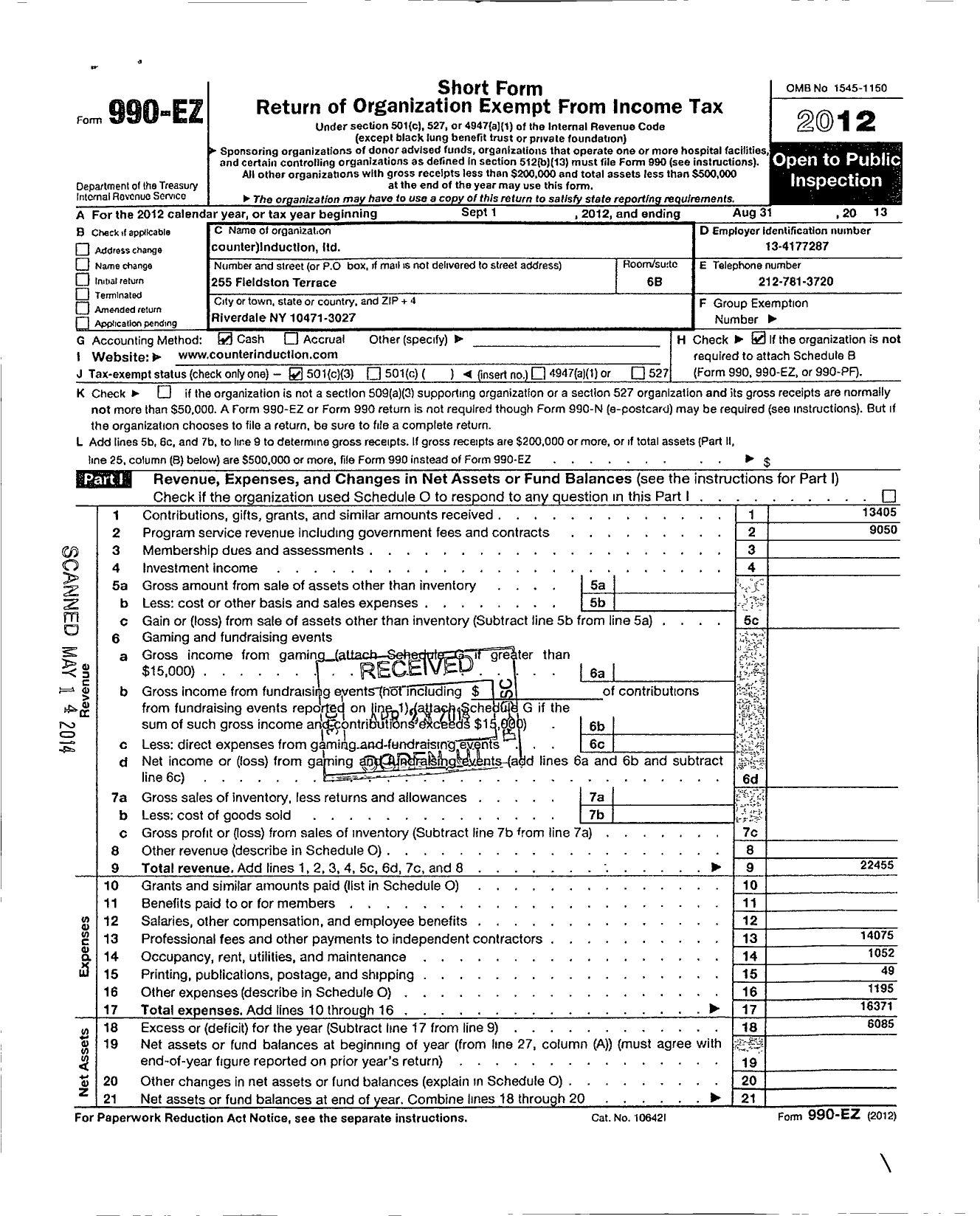 Image of first page of 2012 Form 990EZ for Counterinduction