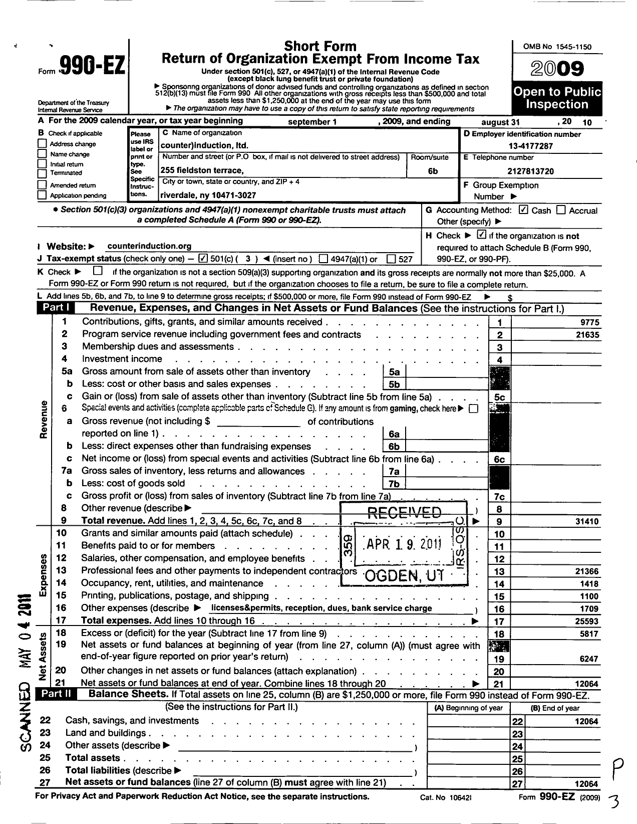 Image of first page of 2009 Form 990EZ for Counterinduction