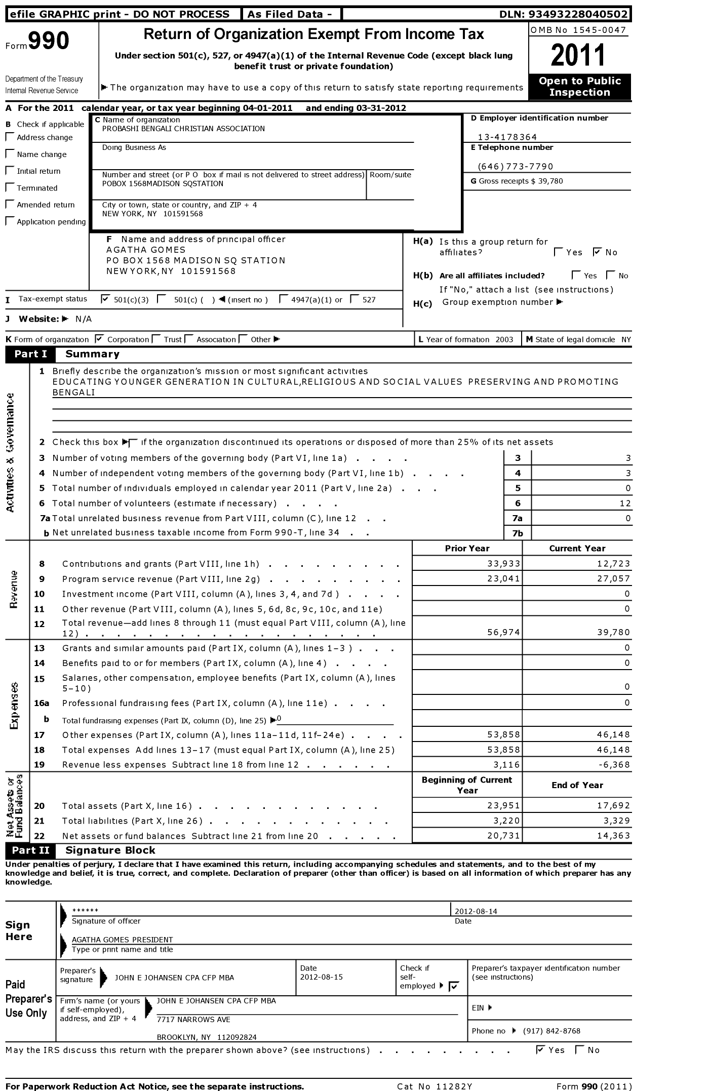 Image of first page of 2011 Form 990 for Probashi Bengali Christian Association